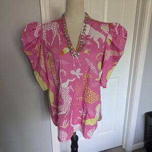 Sheridan French Pink Printed V-Neck Short Sleeve Blouse with Metallic Trim